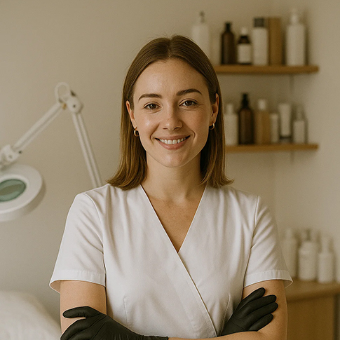 Person working on a laptop in a modern office